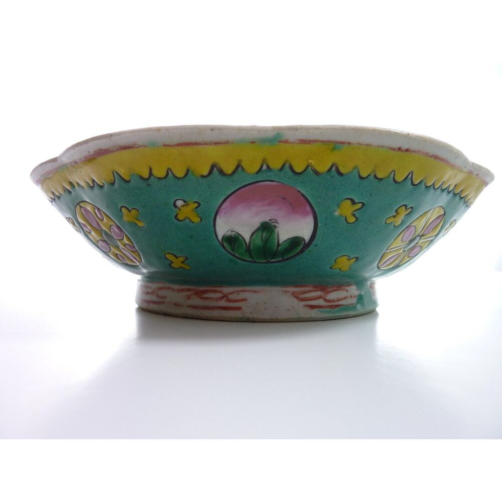 Antique Chinese Bowl Turquoise Narcissus Planter Chinoiserie 8"